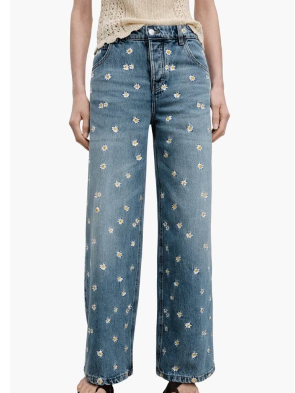 Massy Daisy Embroidered Wide Leg MANGO Flower Jeans : Size 12